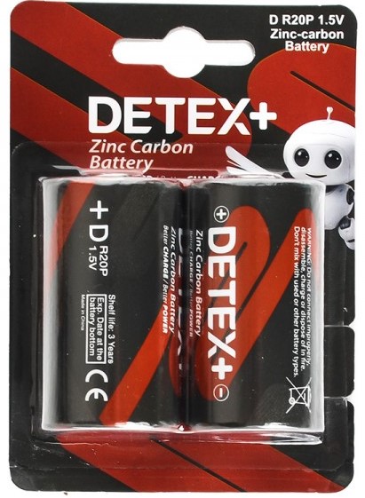 باتری سایز D دیتکس پلاس (+DETEX) مدل Zinc Carbon 1.5V D R20P (کارتی 2 تایی)